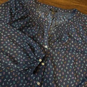 Talbots Top Women’s Tunic Blouse Chiffon Large Petite Navy Blue Anchor Button-Up